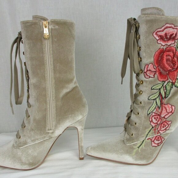 Cape Robbin Womens Embroidered Velvet Lace-up Mid-Calf Stiletto Heel Boot Nude - Picture 4 of 9